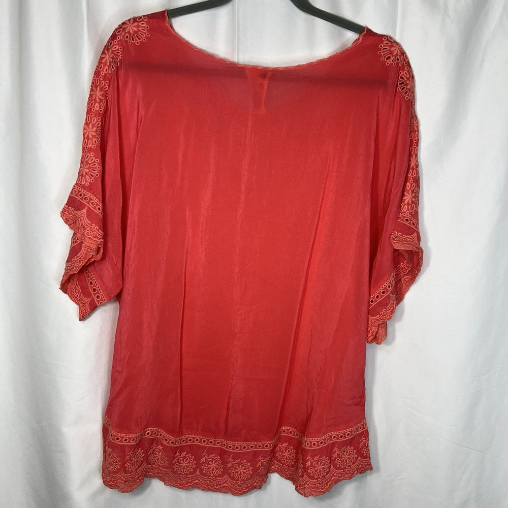 Johnny Was Women’s Embroidered Floral Blouse Coral Short Sleeves M Semi-Sheer - Picture 4 of 12